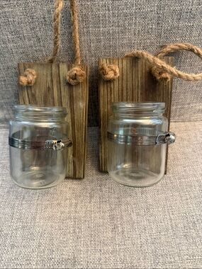 Rustic Brown Wood Wall Sconce with Clear Glass Jar